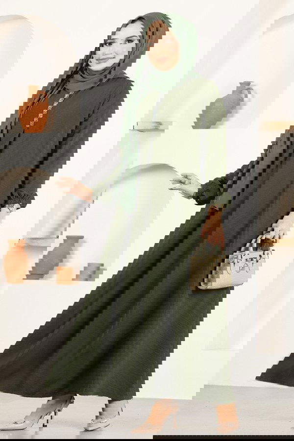 Modaselvim SEPETTE NET %20+%20 İNDİRİM A Pileli Aerobin Elbise PL9054 Haki