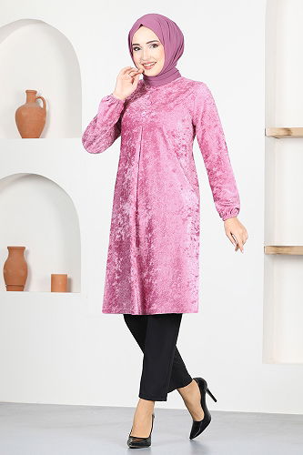 moda selvim A Pileli Kadife Tunik MSL12057-M Gül Kurusu - Thumbnail