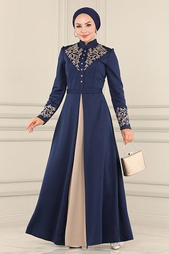 moda selvim A Pileli Krep Elbise ASM2484 İndigo - Thumbnail