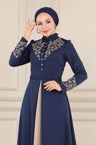 moda selvim A Pileli Krep Elbise ASM2484 İndigo - Thumbnail