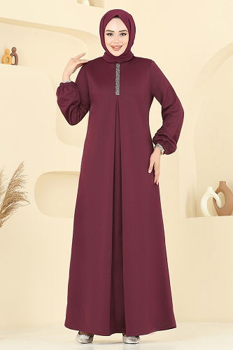 moda selvim A Pileli Mira Elbise ASM2824 Açık Bordo - Thumbnail