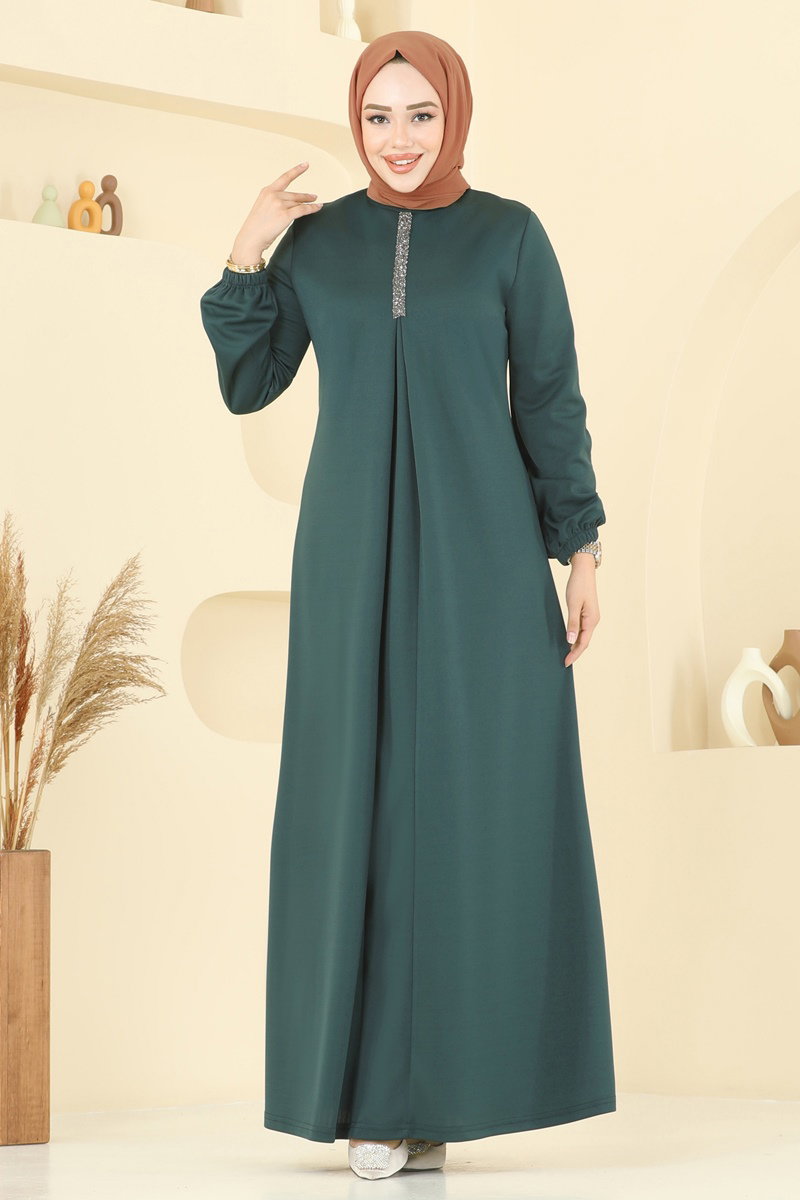 A Pileli Mira Elbise ASM2824 Açık Zümrüt - Moda Selvim