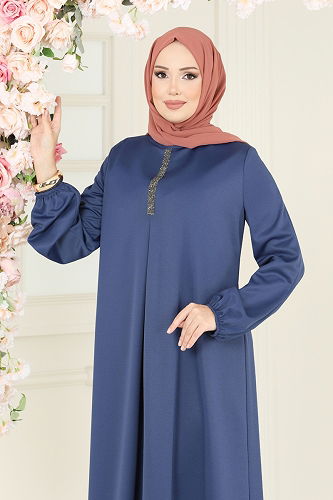 moda selvim A Pileli Mira Elbise ASM2824 İndigo - Thumbnail