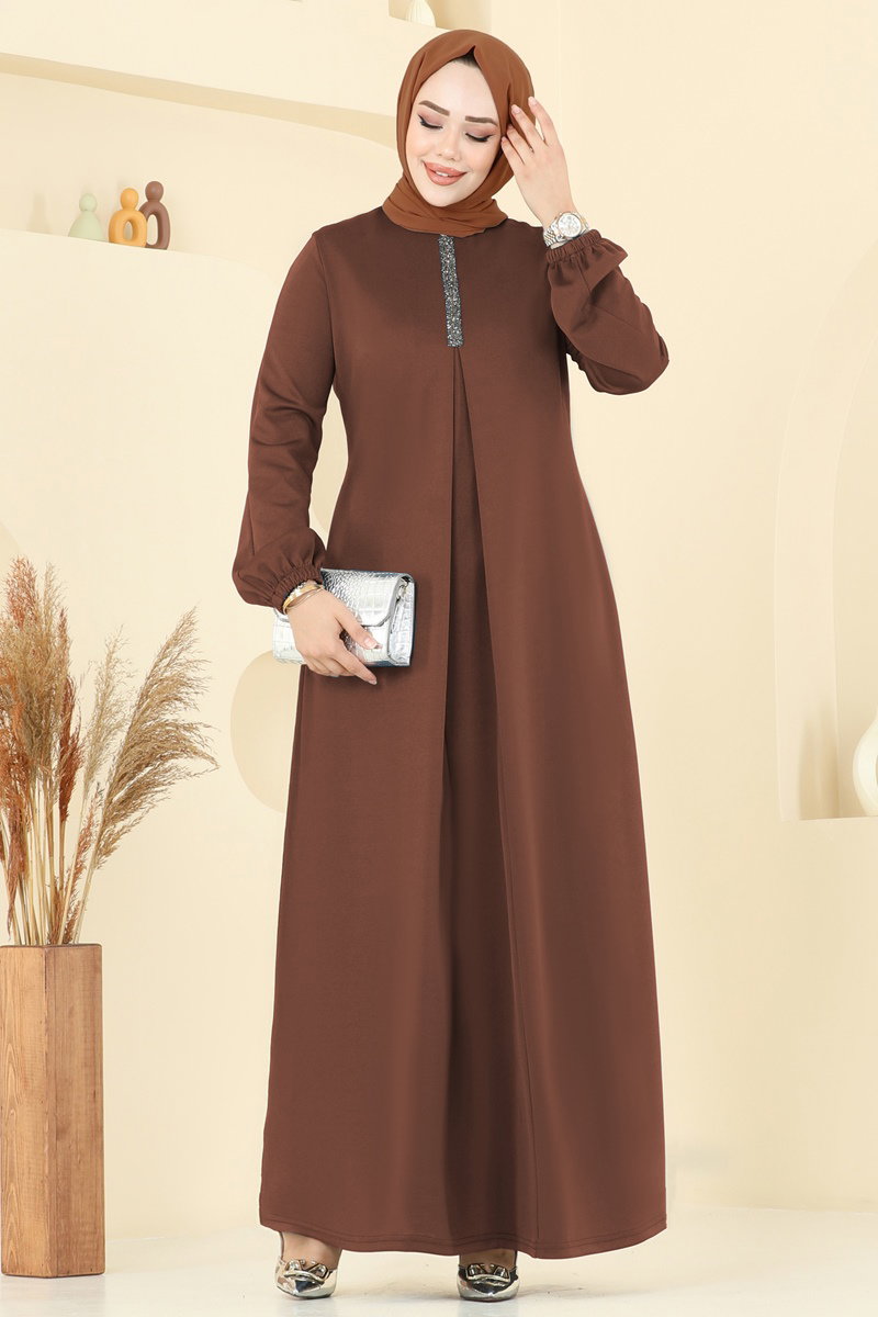 A Pileli Mira Elbise ASM2824 Kahve - Moda Selvim