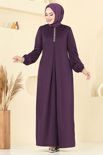 moda selvim A Pileli Mira Elbise ASM2824 Mor - Thumbnail