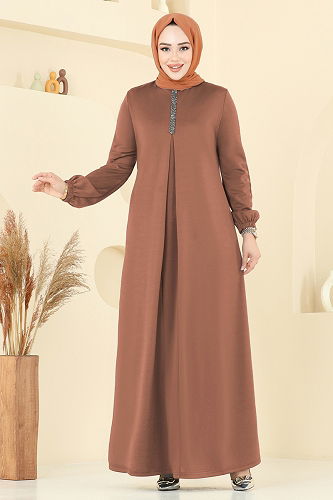 moda selvim A Pileli Mira Elbise ASM2824 Taba - Thumbnail