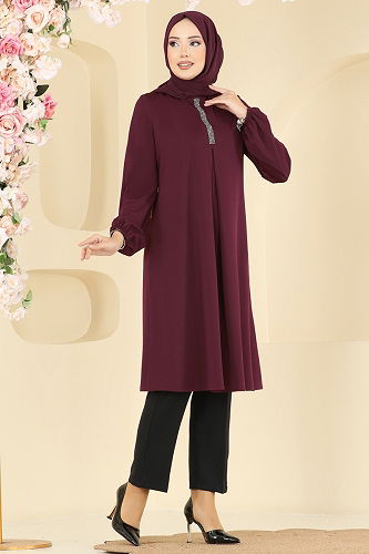 moda selvim A Pileli Mira Tunik ASM2835 Bordo - Thumbnail