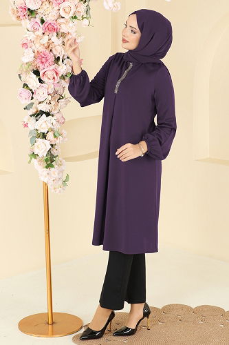 moda selvim A Pileli Mira Tunik ASM2835 Mor - Thumbnail