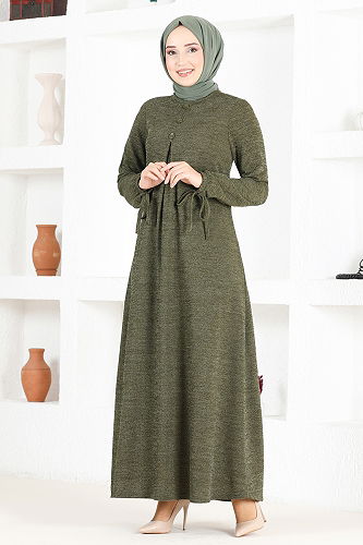 moda selvim A Pleated Dress MSL1171-M Khaki - Thumbnail