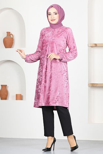 moda selvim A Pleated Velvet Tunic MSL12057-M Rose Dry - Thumbnail