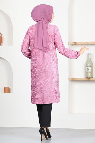 moda selvim A Pleated Velvet Tunic MSL12057-M Rose Dry - Thumbnail