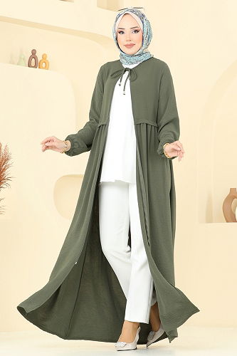 moda selvim Abaya 0034BG354 Dark Khaki - Thumbnail