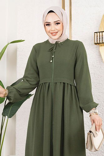 moda selvim Abaya 0034BG354 Khaki - Thumbnail