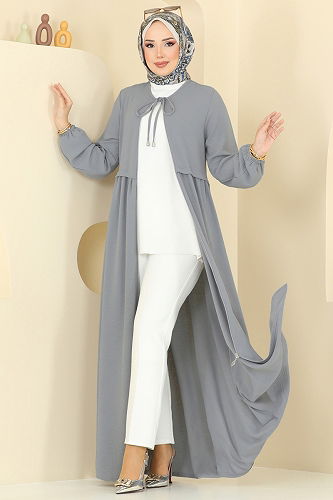 moda selvim عباءة رمادي فاتح 0034BG354 - Thumbnail