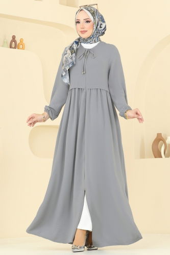 moda selvim عباءة رمادي فاتح 0034BG354 - Thumbnail