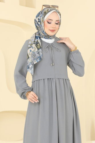 moda selvim عباءة رمادي فاتح 0034BG354 - Thumbnail