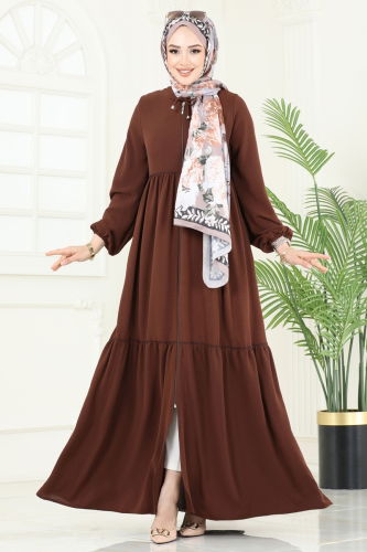 moda selvim Abaya 0040BG354 Brown - Thumbnail