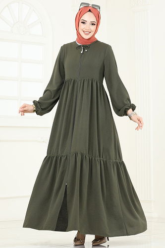 moda selvim Abaya 0040BG354 Khaki - Thumbnail