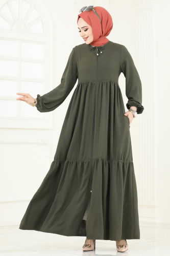 moda selvim Abaya 0040BG354 Khaki - Thumbnail