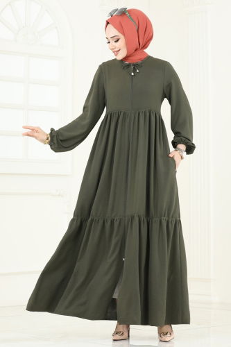 moda selvim عباءة اخضر عفني 0040BG354 - Thumbnail