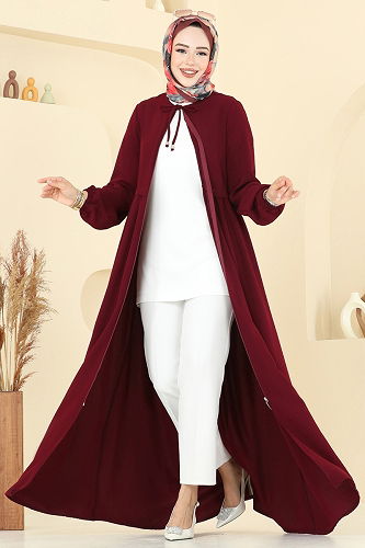 moda selvim Abaya 0050BG354 Burgundy - Thumbnail