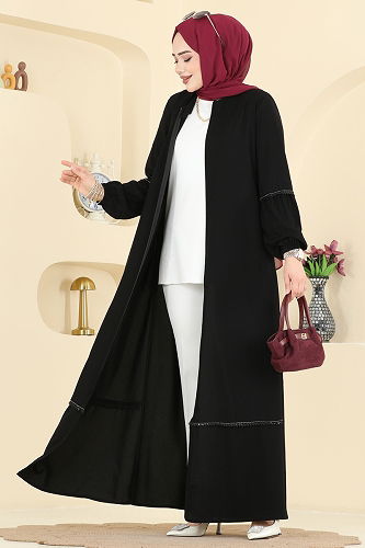 moda selvim عباءة أسود 0503ORG1169 - Thumbnail
