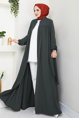 moda selvim عباءة رمادي غامق 1004ESL1097-M - Thumbnail