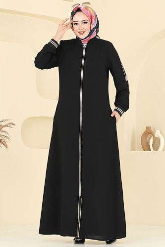 moda selvim عباءة أسود 101OZT1013 - Thumbnail