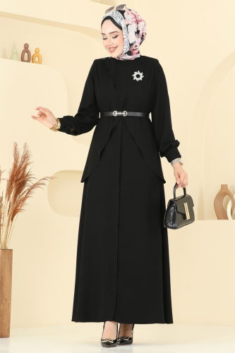 moda selvim عباءة أسود 112OZT1013 - Thumbnail
