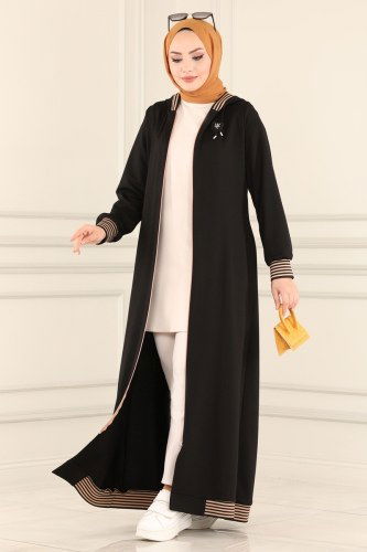 moda selvim Abaya 1917FON792 Black&Vision - Thumbnail