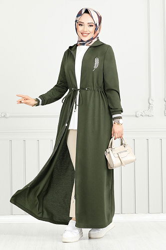moda selvim Abaya 1977FON1064-M Khaki - Thumbnail