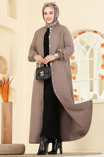 moda selvim عباءة بيج غامق 1981TRT545 - Thumbnail
