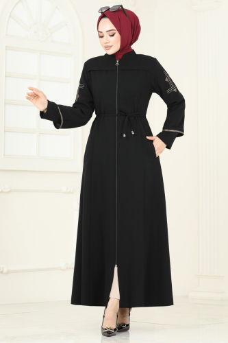 moda selvim Abaya 2001OZT1013 Black - Thumbnail