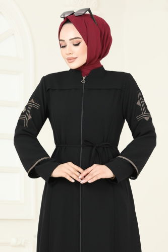 moda selvim Abaya 2001OZT1013 Black - Thumbnail