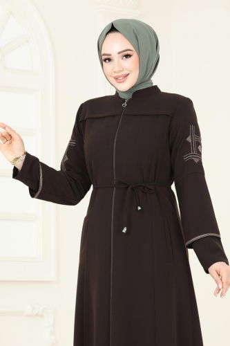 moda selvim Abaya 2001OZT1013 Brown - Thumbnail