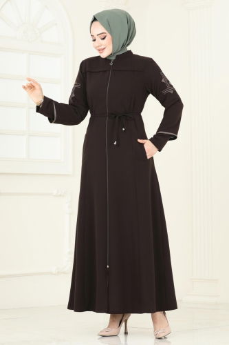 moda selvim Abaya 2001OZT1013 Brown - Thumbnail