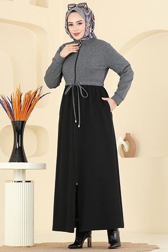 moda selvim Abaya 2017FON792 Anthracite & Black - Thumbnail