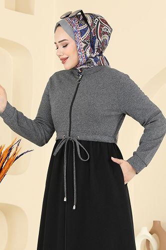 moda selvim عباءة رمادي غامق &اسود& 2017FON792 - Thumbnail