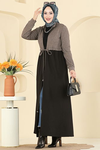 moda selvim Abaya 2017FON792 Brown & Black - Thumbnail