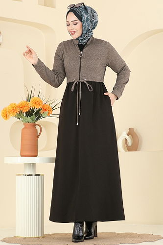 moda selvim Abaya 2017FON792 Brown & Black - Thumbnail