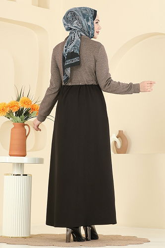 moda selvim Abaya 2017FON792 Brown & Black - Thumbnail