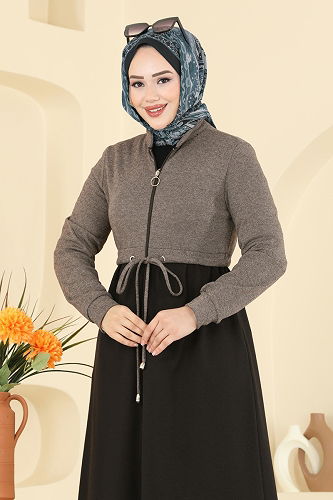 moda selvim عباءة بني وأسود 2017FON792 - Thumbnail