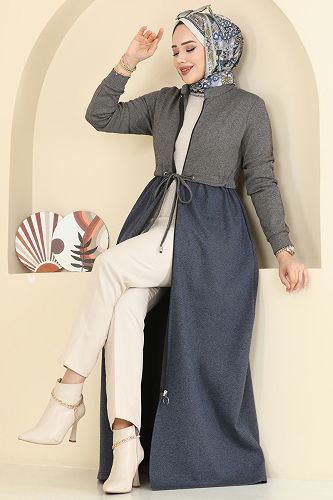 moda selvim Abaya 2017FON792 Navy Blue&Vision - Thumbnail