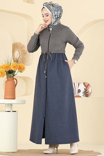 moda selvim Abaya 2017FON792 Navy Blue&Vision - Thumbnail