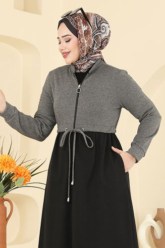 moda selvim عباءة بيج وأسود 2017FON792 - Thumbnail