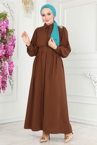 moda selvim Abaya 20225MDP186 Brown - Thumbnail