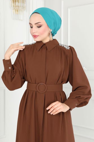 moda selvim Abaya 20225MDP186 Brown - Thumbnail