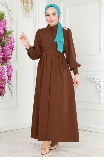 moda selvim Abaya 20225MDP186 Brown - Thumbnail