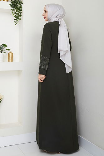 moda selvim عباءة اخضر عفني 2032OZT1013 - Thumbnail