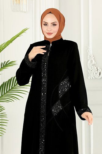 moda selvim عباءة أسود 2070EDM718 - Thumbnail